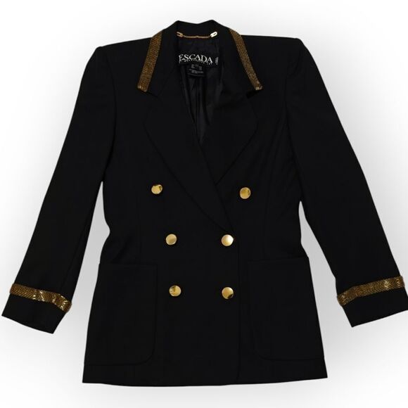 Vintage Escada Pure New Wool Dark Blue Blazer with Gold beaded Accents SZ 34 S - Picture 3 of 8